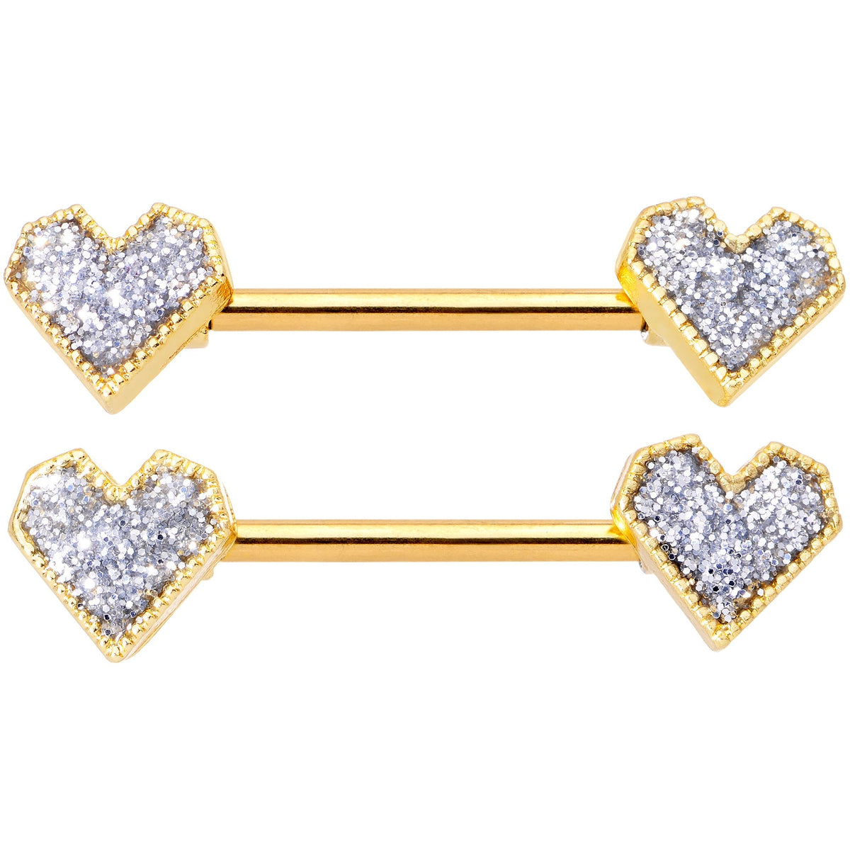 14G 9/16 Gold Tone Valentine Heart Barbell Nipple Ring Set