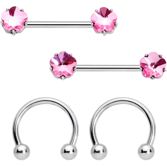 14G 5/8 1/2 Pink Gem Horseshoe Barbell Nipple Ring Set