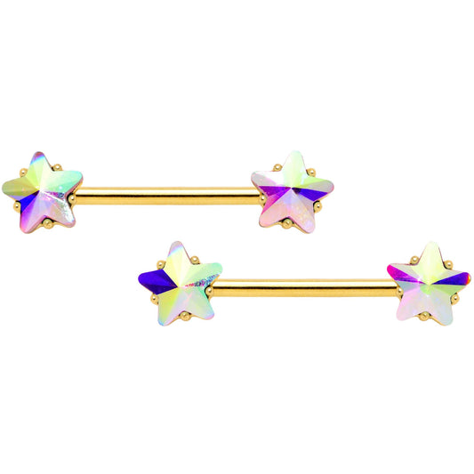 14G Aurora Star Gem Gold Tone BCR Barbell Nipple Ring Set