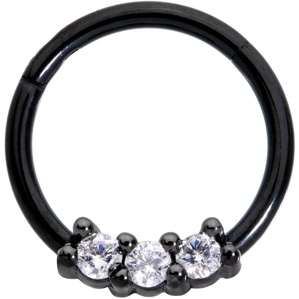16G 3/8 Clear CZ Gem Black Trio Hinged Segment Ring