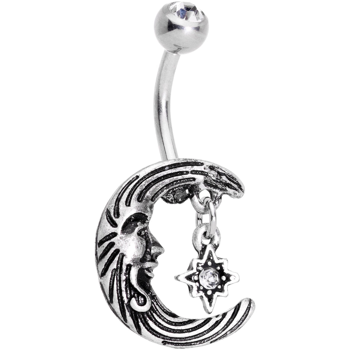 Clear Gem Serene Moon and Star Dangle Belly Ring