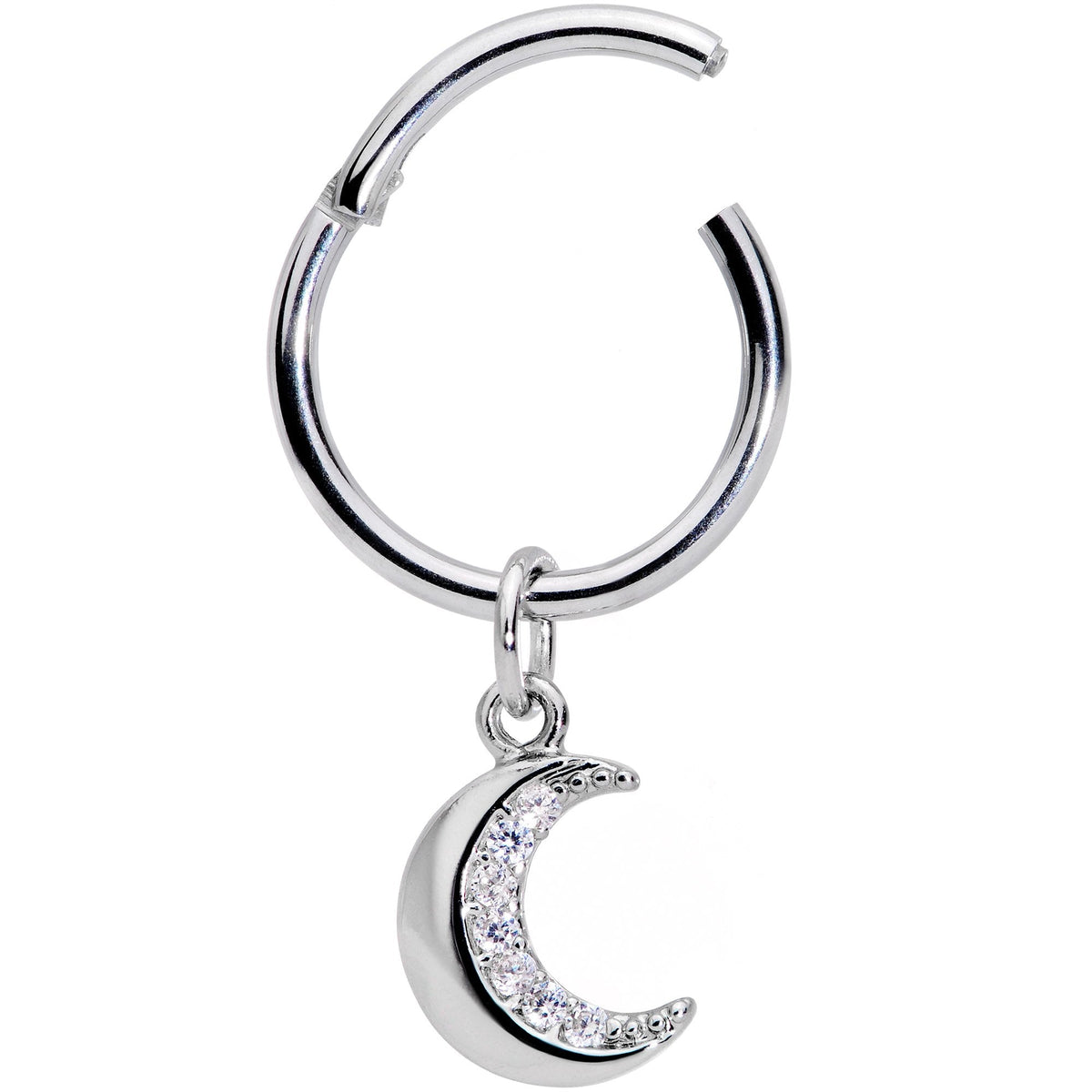 16G 3/8 Clear CZ Gem Crescent Moon Dangle Hinged Segment Ring