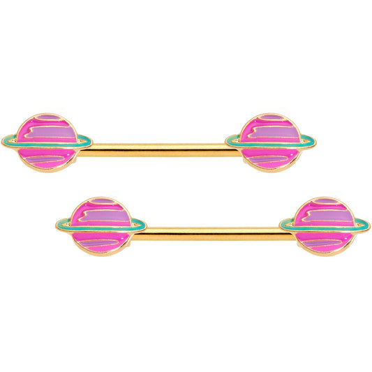 14G 9/16 Gold Tone Pink Planet Saturn Barbell Nipple Ring Set