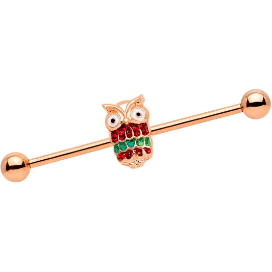 14G Rose Gold Tone Happy Holiday Hoot Owl Industrial Barbell 38mm