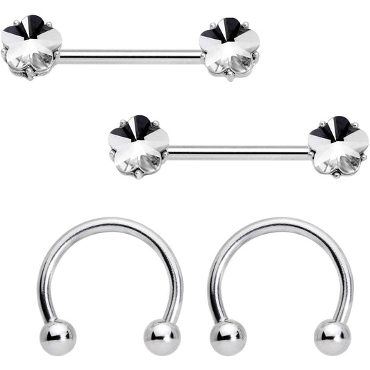 14G 9/16 1/2 Clear Gem Flower Horseshoe Barbell Nipple Ring Set