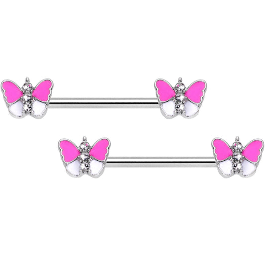 14G Pink White Inlay Butterfly BCR Barbell Nipple Ring Set of 4
