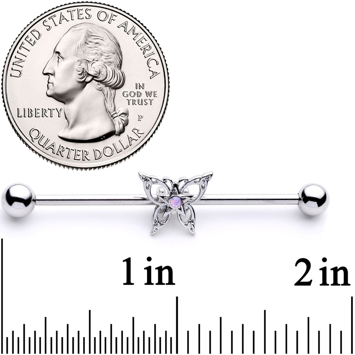 14G White Synthetic Opal Butterfly Industrial Barbell 38mm