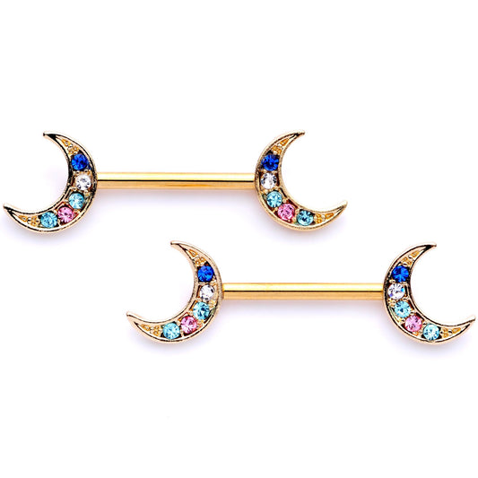14G 9/16 Multicolor Gem Gold Tone Moon Barbell Nipple Set