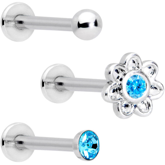 16G Blue Gem Flower Internally Threaded Labret Set of 3