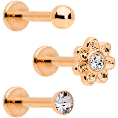 16G Clear Gem Rose Gold Tone Internally Threaded Rose Labret Set