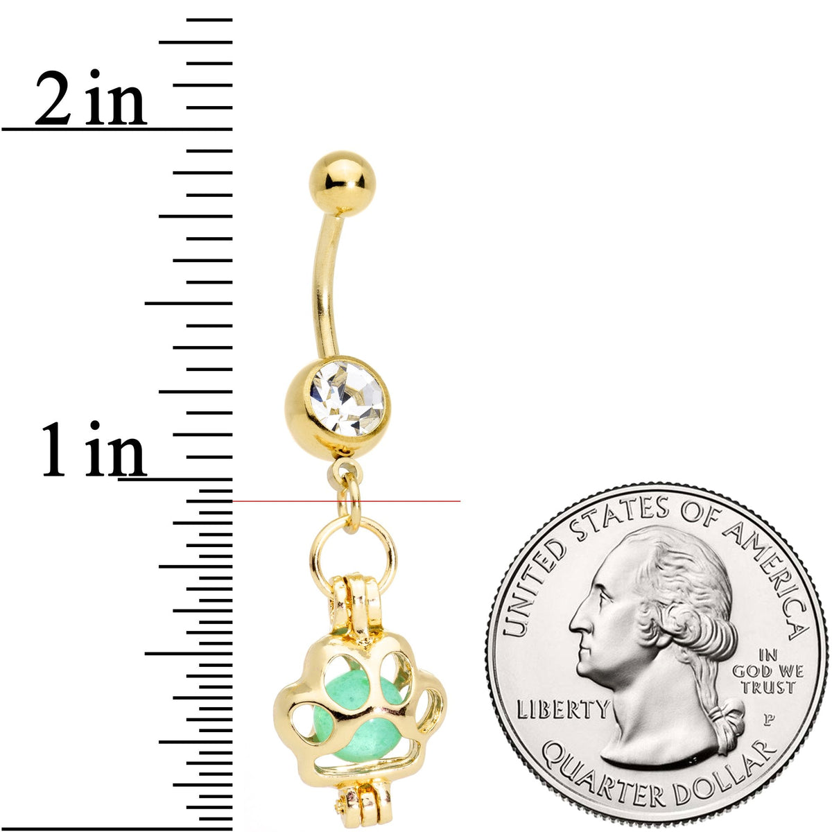 Clear Gem Gold Tone Glow in the Dark Paw Print Dangle Belly Ring