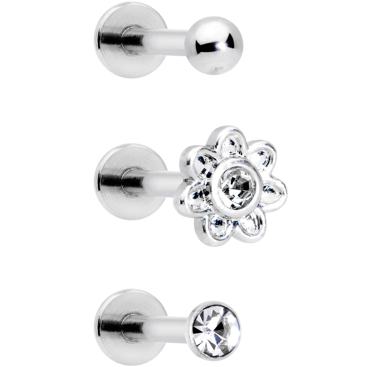 16G 5/16 Clear Gem Flower Top Labret Tragus Set of Three