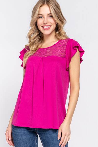 ACTIVE BASIC Ruffle Lace Knit Top with Short Sleeves and Lace Detail