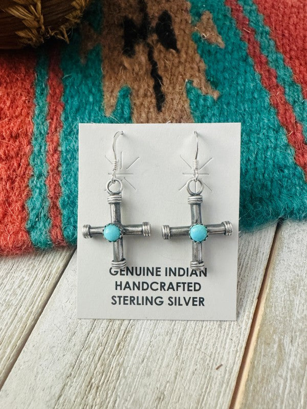 Navajo Sterling Silver & Turquoise Cross Dangle Ea