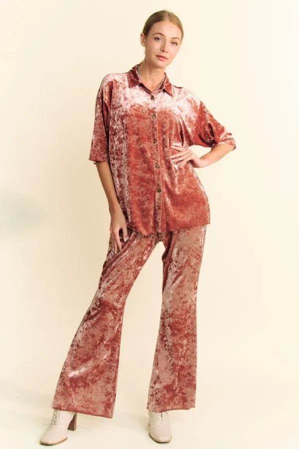 Davi & Dani Crushed Velvet Button Front Easy Lounge Shirt Top