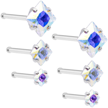 20G 1/4 Aurora Gem Square Multi Size Nose Bone Set of 6