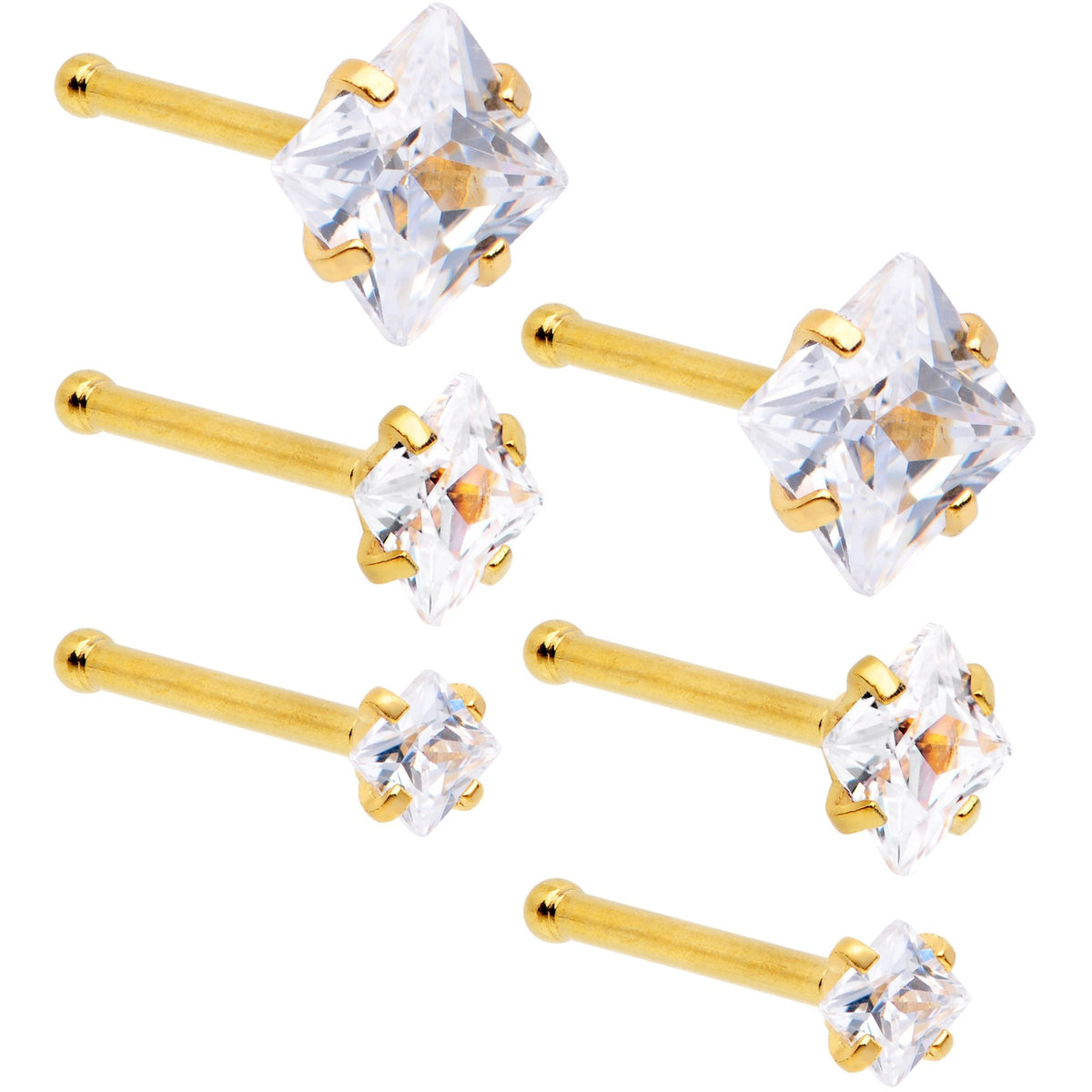 20G 1/4 Clear Square Gem Gold Tone Nose Bone Set of 6