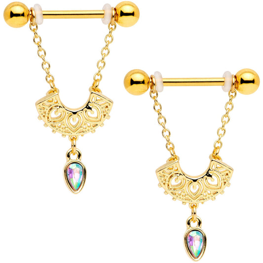 14G 9/16 Aurora Gem Gold Tone Fan Dangle Barbell Nipple Ring Set