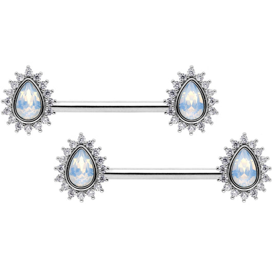 14G Clear CZ Gem White Faux Opal Tear Barbell Nipple Ring Set
