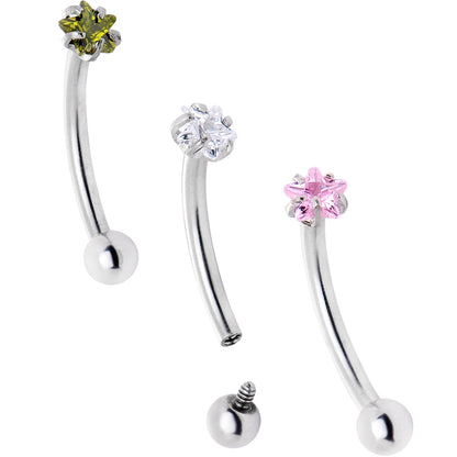 16G 3/8 Spring Colors CZ Gem Star Curved Eyebrow Ring Set of 3