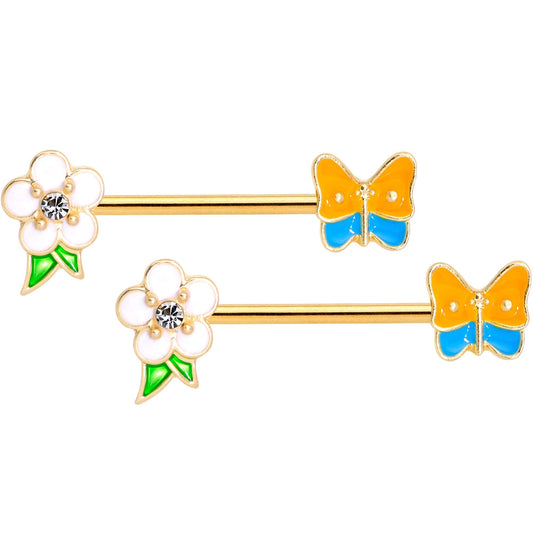 14G Gold Tone Spring Butterfly Flower Barbell Nipple Ring Set