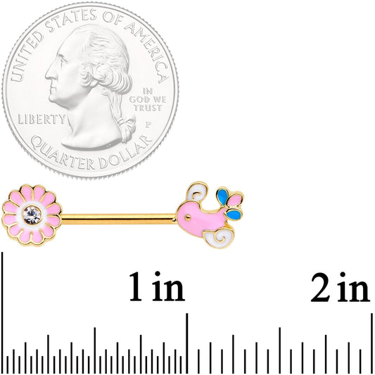 14G 9/16 Gold Tone Pink Bird Flower Barbell Nipple Ring Set