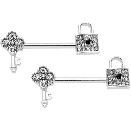 14G 9/16 Clear Gem Under Lock and Key Barbell Nipple Ring Set