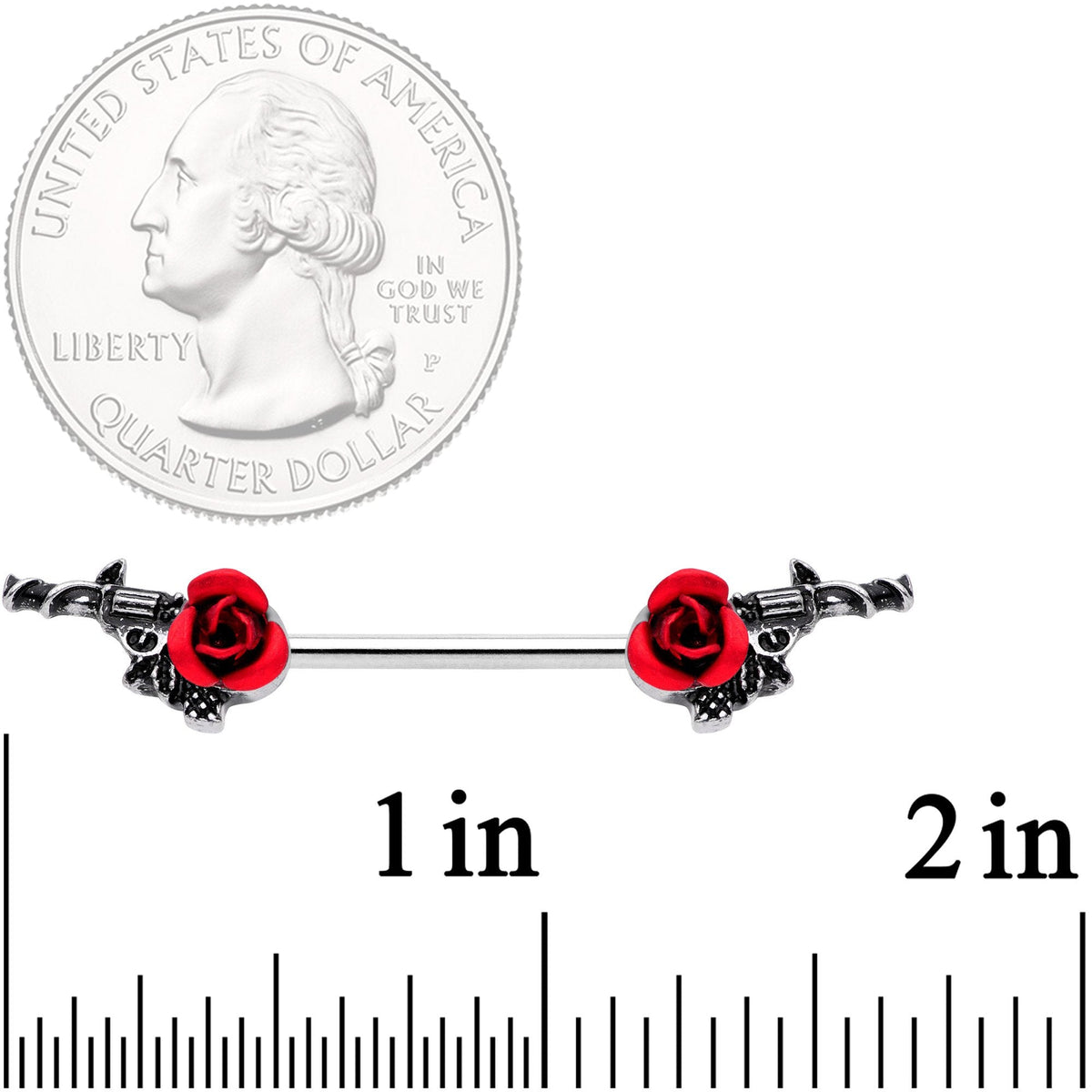 14G 9/16 Red Rose Flower and Gun Barbell Nipple Ring Set