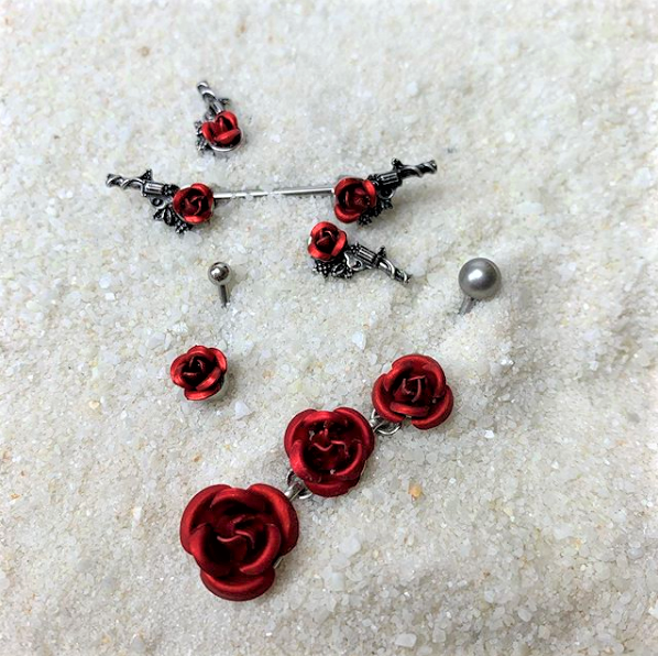 14G Red Rose Flower and Gun Industrial Barbell 38mm