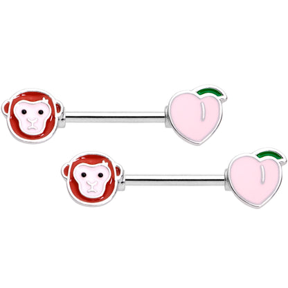 14G 9/16 Peach and Monkey Barbell Nipple Ring Set