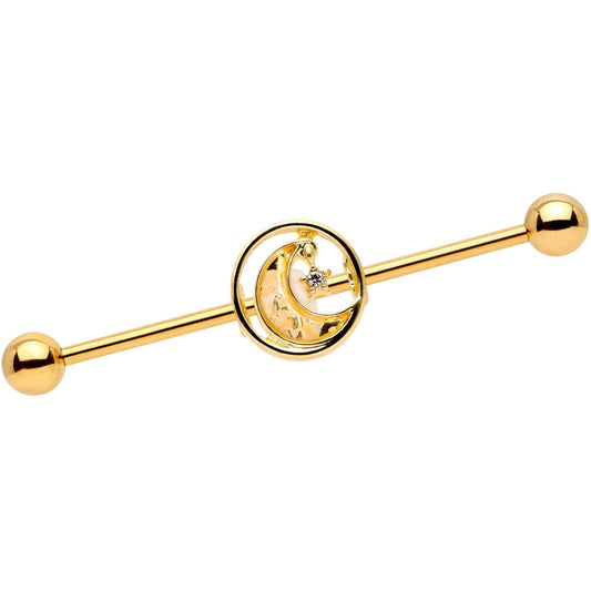 14G Clear Gem Iridescent Crescent Moon Industrial Barbell 38mm