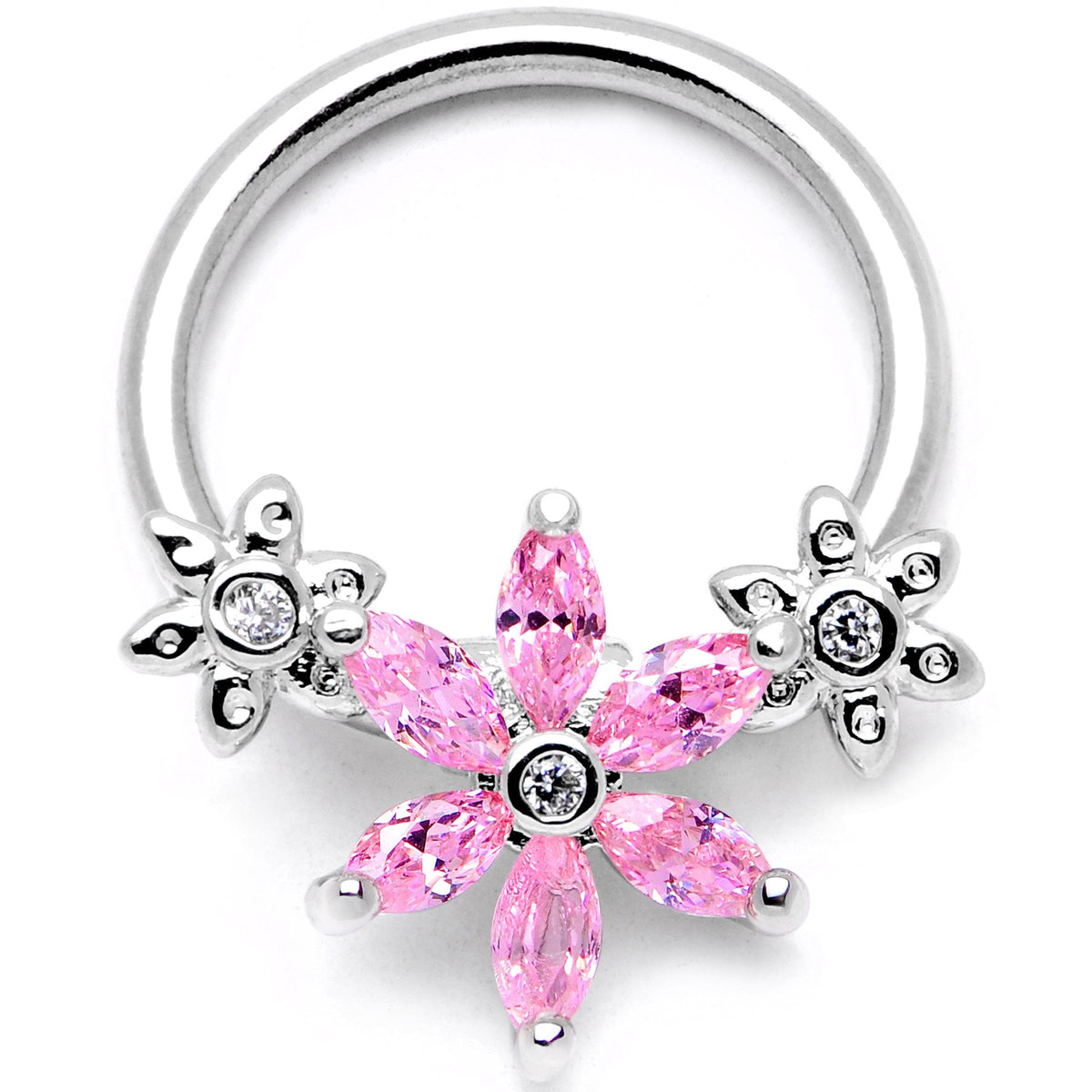 16G 3/8 Pink CZ Gem Flower BCR Captive Ring