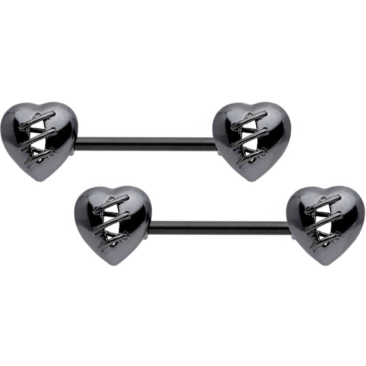 14G 9/16 Black Heal My Heart Barbell Nipple Rings