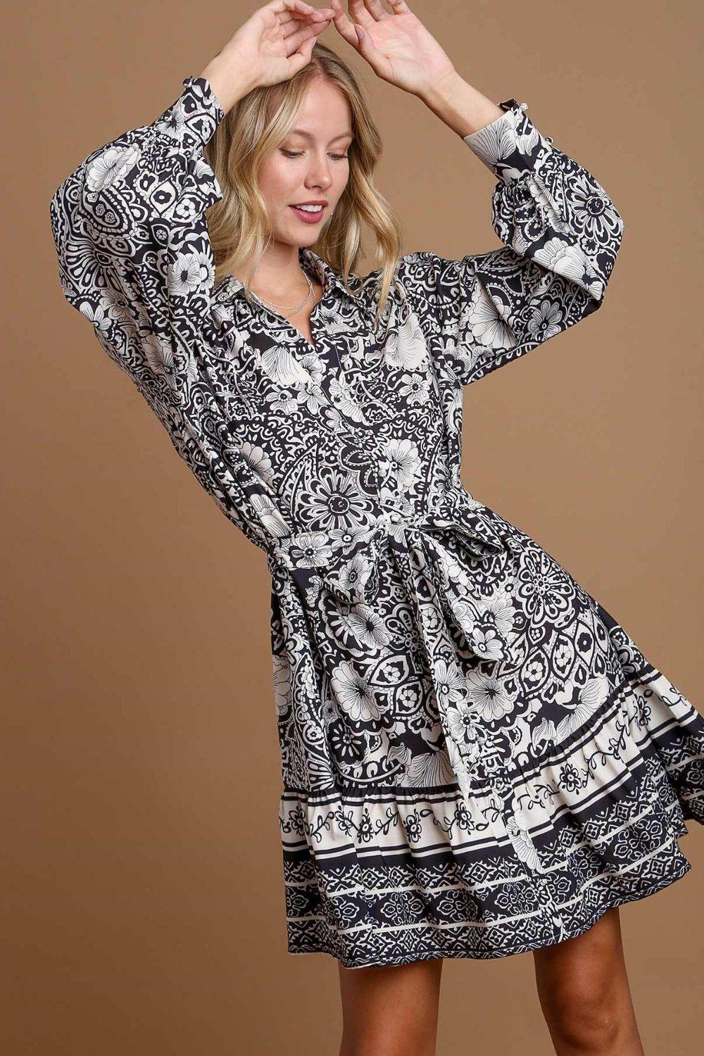 Umgee Full Size Two Tone Floral Border Print Tie Waist Mini Dress Plus Size