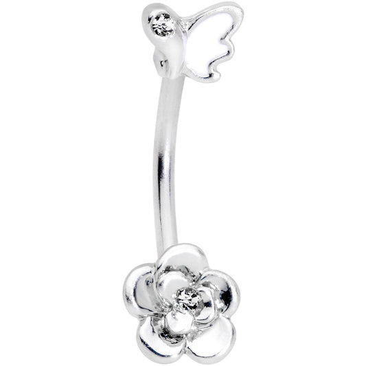 16G 3/8 Clear Gem White Butterfly Flower Curved Eyebrow Ring