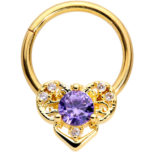16G 3/8 Purple CZ Gold Tone Abstract Heart Hinged Segment Ring