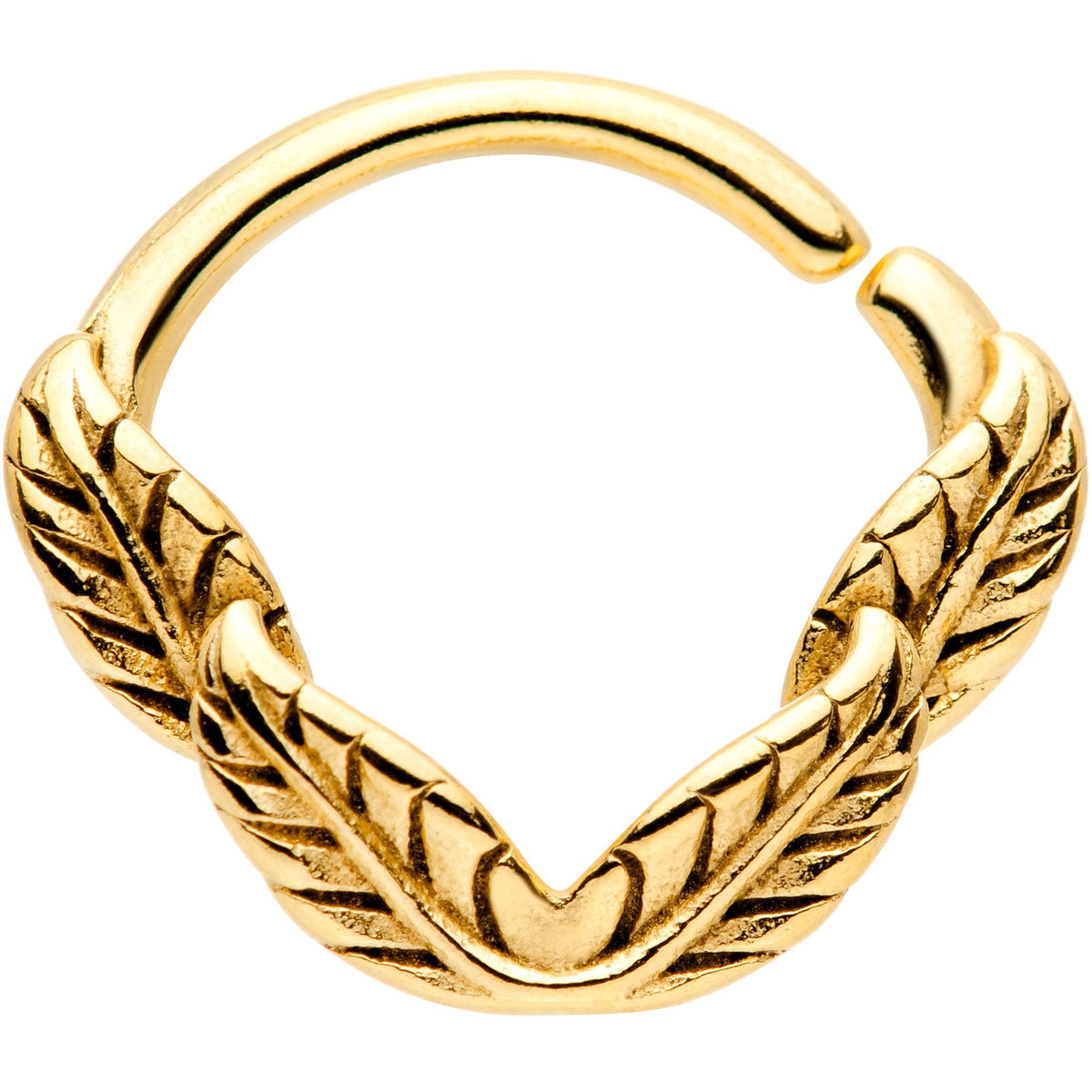 16G 3/8 Gold Tone Ring of Feathers Closure Ring