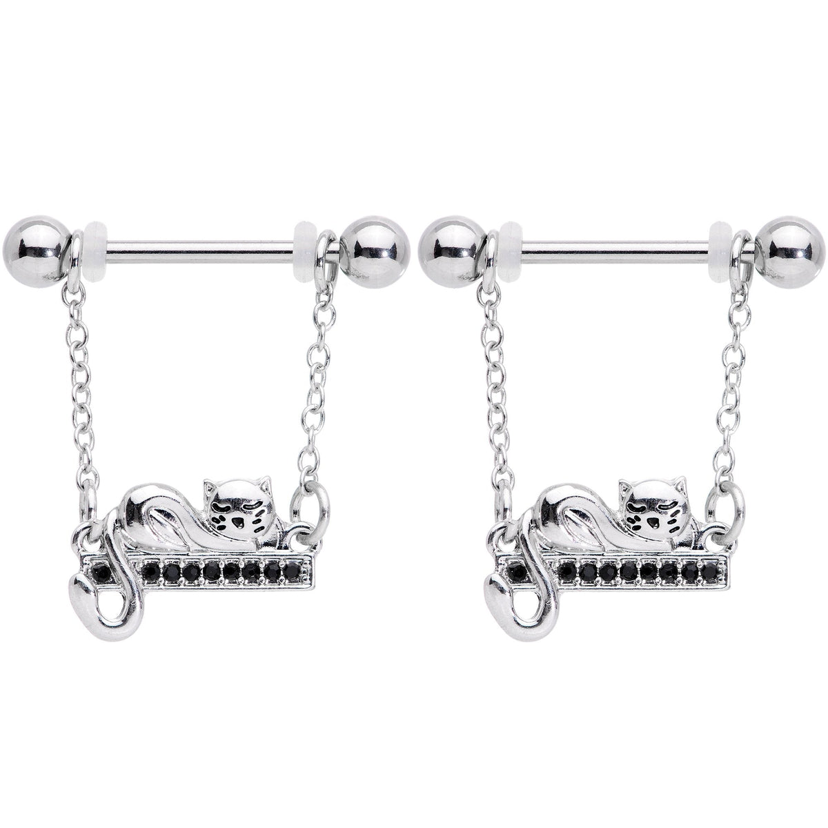 14G 5/8 Black Gem Nap Cat Dangle Nipple Ring Set