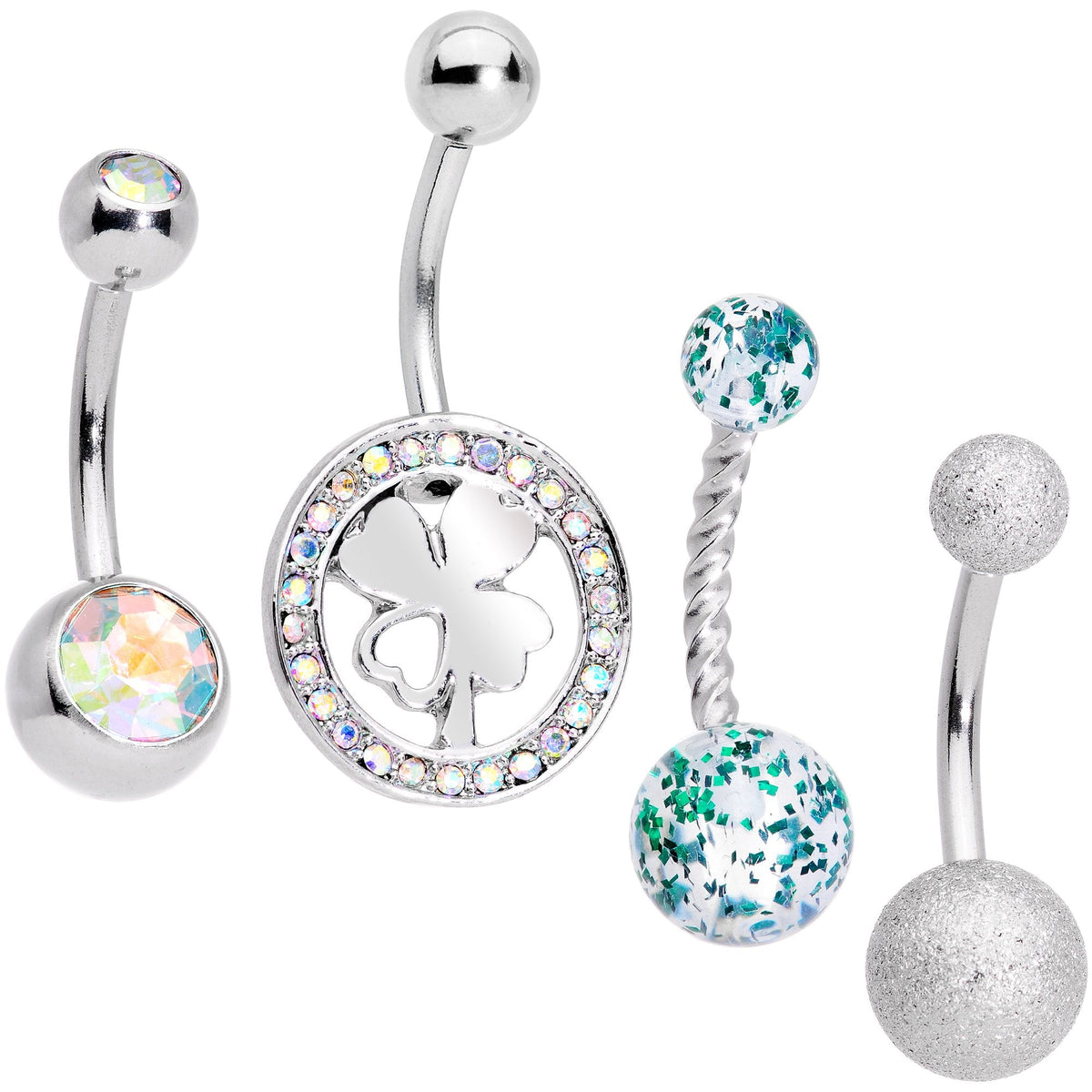 Aurora Gem Variety St Patricks Day Shamrock Belly Ring Set of 4