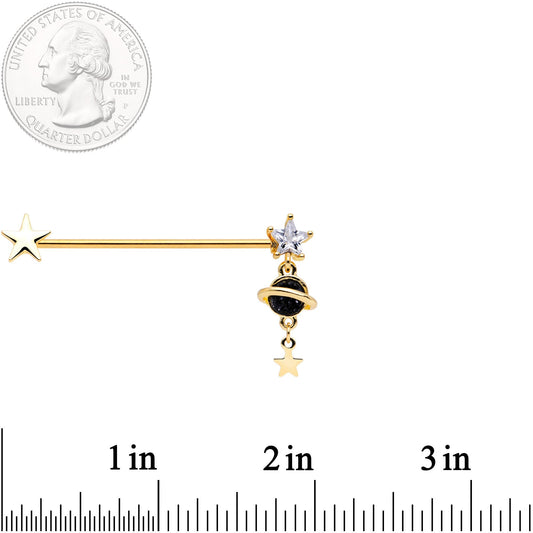 14G Clear CZ Gem Gold Tone Saturn Dangle Industrial Barbell 38mm