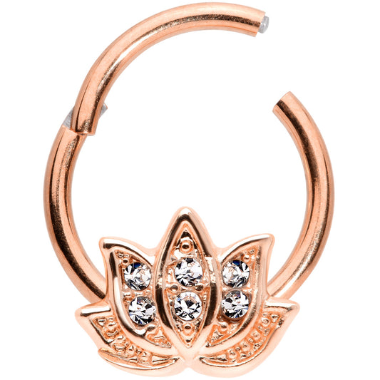 16G 3/8 Clear Gem Rose Gold Tone Lotus Flower Hinged Segment Ring