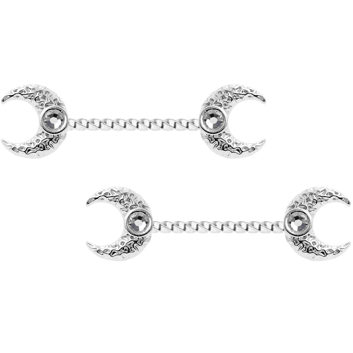 14G Clear Gem Witch Moon Twisted Barbell Nipple Ring Set