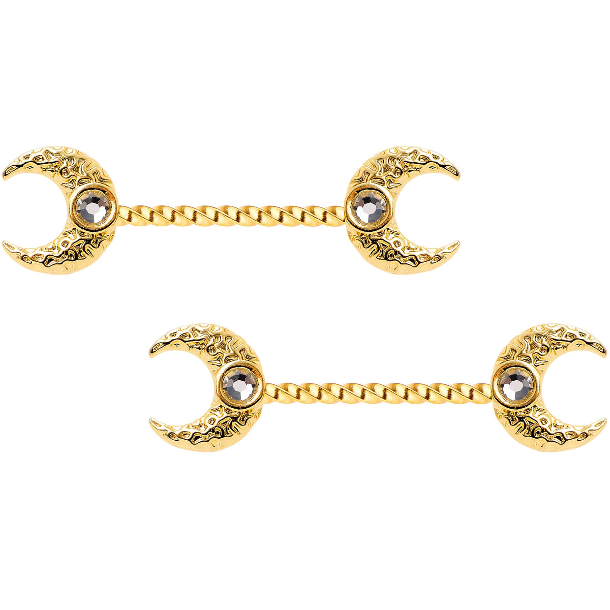 14G Clear Gem Gold Tone Witch Moon Barbell Nipple Ring Set