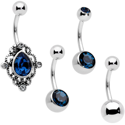Blue Clear Gem Filigree Oval Belly Ring Set of 4