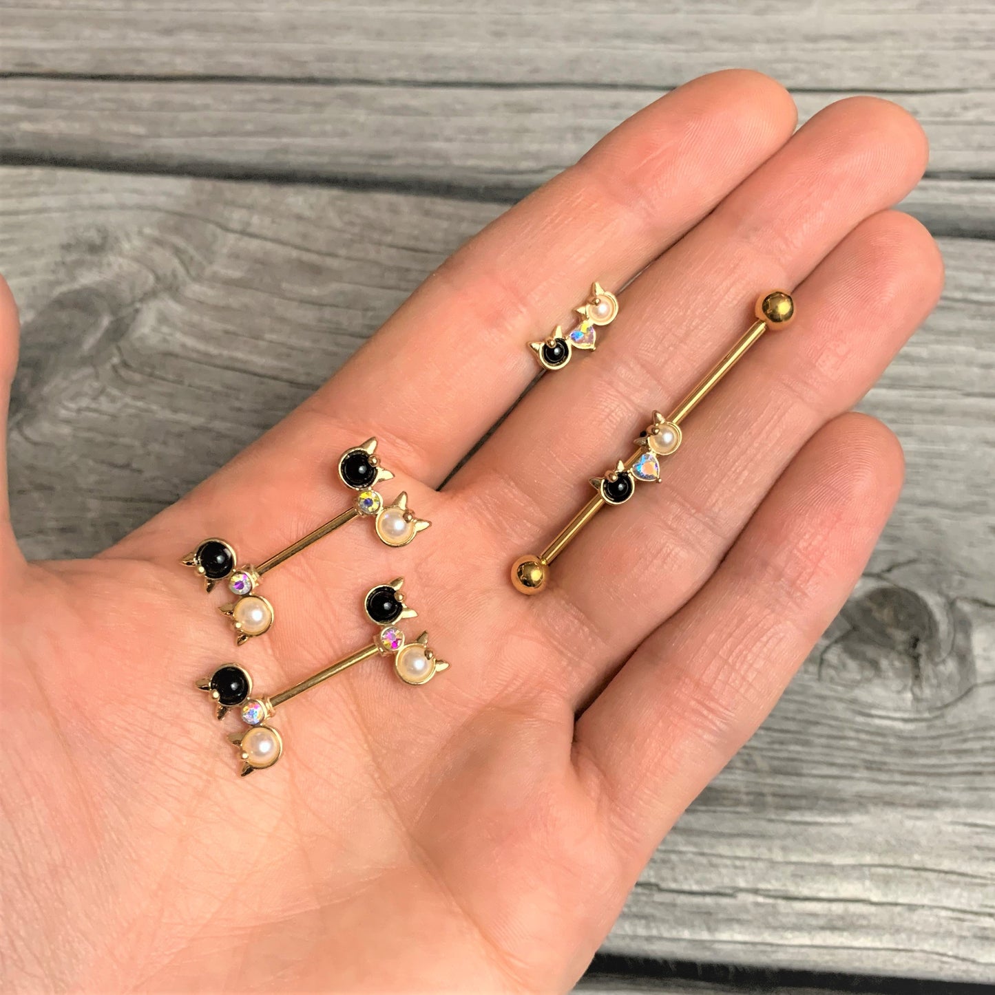 14G Black White CZ Gem Gold Tone Kitty Cat Barbell Nipple Ring Set