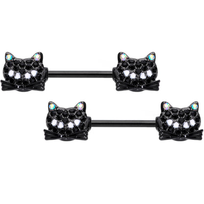 14G 9/16 Black Aurora Gem Crafty Kitty Cat Barbell Nipple Ring Set