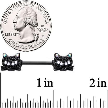 14G 9/16 Black Aurora Gem Crafty Kitty Cat Barbell Nipple Ring Set