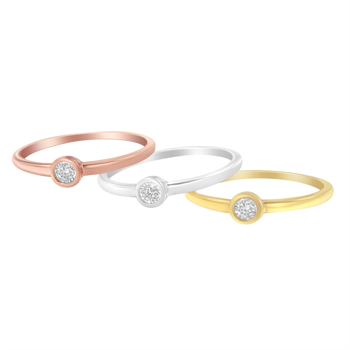 Tri-Color 14K Gold Plated .925 Sterling Silver 1/6 Cttw Round Miracle-Set Diamond Stacking Promise Ring Set (J-K Color, I1-I2 Clarity) - Size 7
