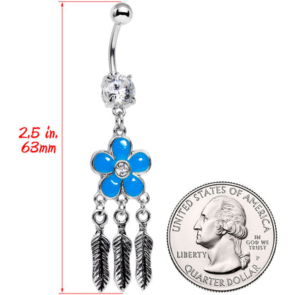 Clear Gem Blue Flower Feathers Dreamcatcher Dangle Belly Ring