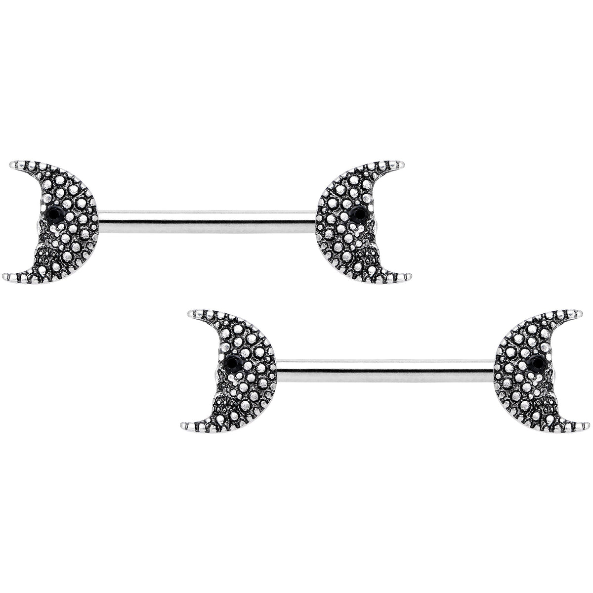 14G 9/16 Black Gem Skull Crescent Moon Barbell Nipple Ring Set